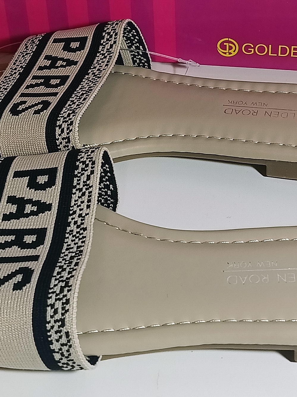 Golden Road New York "PARIS" Embroidered Canvas Slide Sandals - Beige Size 10 - Picture 2 of 6